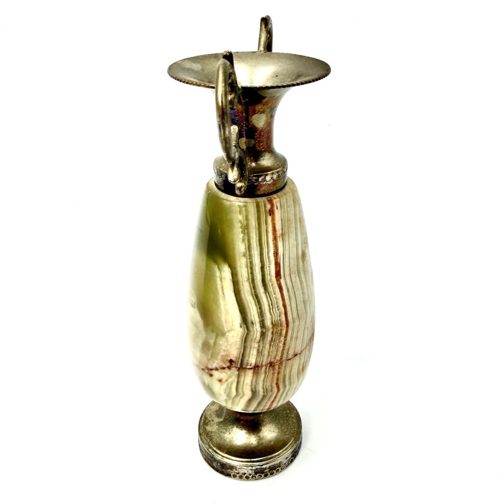 Vintage Onyx and Silver Tone Metal Small Urn Vase Dual Scroll Handles 5.5 Inch - Picture 2 of 6